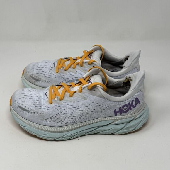 Hoka One One Clifton 8 Womens 8 W Wide White Blue Running Shoes Sneakers - Picture 4 of 16